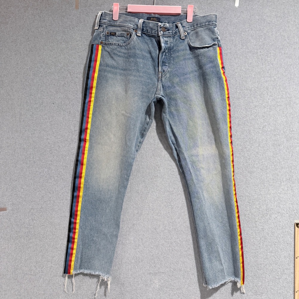 Polo Ralph Lauren Side Stripe Light Wash Raw Hem Jeans 29 Rainbow rave indie pop
